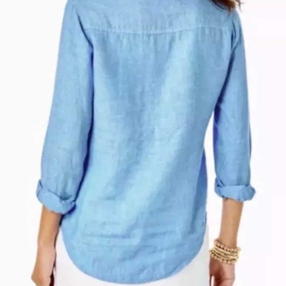 Lilly Pulitzer Sea View Linen Button Down Top M Blue EUC - Picture 2 of 5